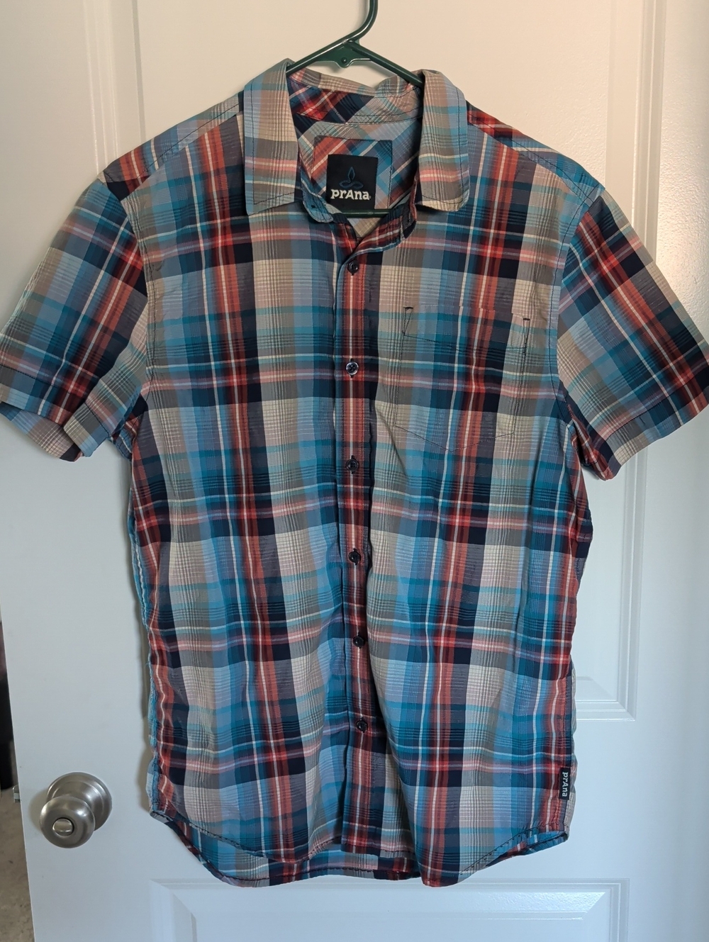 Prana Men’s Short Sleeve Plaid Button-Up - Blue, Red & Tan